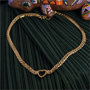 Classic 18k gold plated stainless steel heart pendant on flat curb snake bone chain