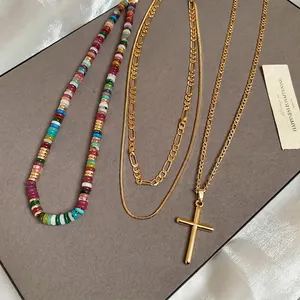 18k gold plated multi-layer necklace set with colorful beads and cross pendant