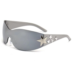 Y2K rimless sports sunglasses with grey lenses and silver star accents for a retro look