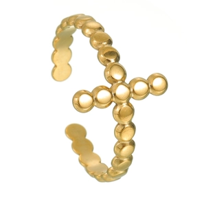 Detailed close-up of a gold-plated beaded cross ring with an adjustable open band design