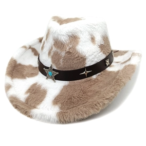 Chapeau De Cowboy Imprimé Vache Peluche Fausse Fourrure Style Western Bord Large Rivets Étoiles Bande Cuir