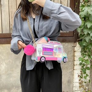 Detail of creative ice cream truck crossbody bag with laser finish and pink pompom