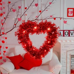 Red heart-shaped tinsel wreath with LED lights for Valentine's Day party wall decor