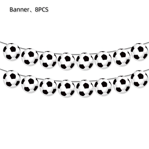 Soccer theme birthday banner featuring eight black and white football shaped paper pendants