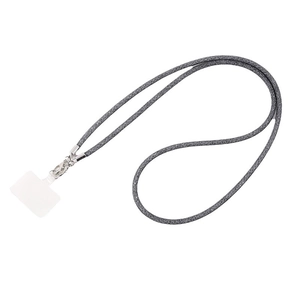 Crossbody phone lanyard with dark grey rhinestone mesh strap and silver metal clasps