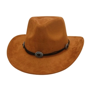Classic tan suede fedora jazz hat with western style metal buckles and black band