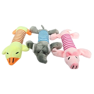 Three plush squeaky pet toys featuring a duck, elephant, and pig with striped bodies