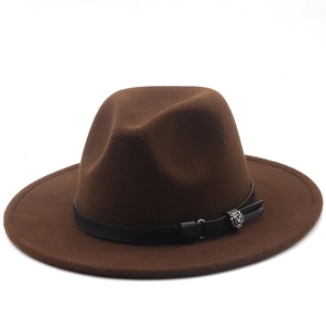 Detail of dark brown wool fedora with black leather band and silver rose buckle