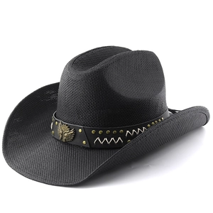 Black western cowboy straw hat with eagle emblem and metal studs on leather band