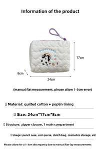 Detailed view of white quilted cotton puppy pouch with dimensions 24x17x8cm and purple zip