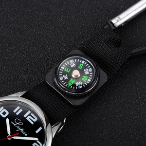 Black multifunctional clip-on nursing watch with compass and woven strap detail