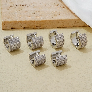 Copper Silver Plated Huggie Hoop Earrings For Women With Micro Pave White Zircon Simple Geometric French Style Jewelry