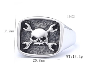 Close-up of punk biker ring with skull and cross wrenches engraving, 20.8mm size details