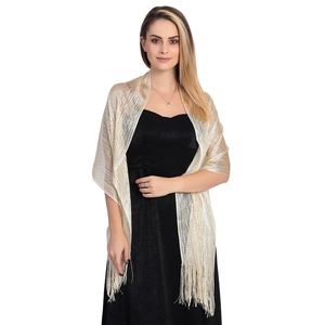 Detailed macro view of sparkling gold metallic evening shawl with elegant fringe.