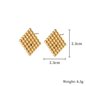 Detailed view of golden square beaded stud earrings with 2.3cm dimension and weight info