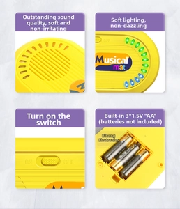 Detail view of musical mat featuring LED lights, power switch, and 3xAA battery compartment