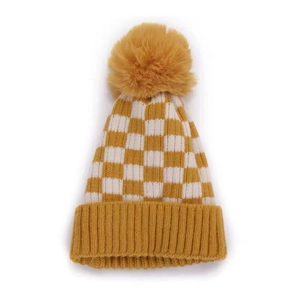 Kids checkered knit beanie with pompom and ear protection for winter warmth