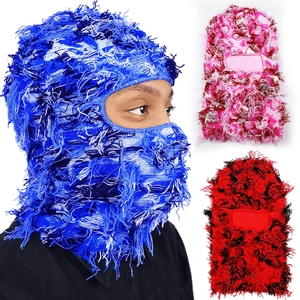 Distressed camouflage knit balaclava mask with fuzzy fringe in blue, pink and red colors
