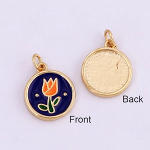 Macro view of blue enamel tulip pendant showing both front and back gold metal details