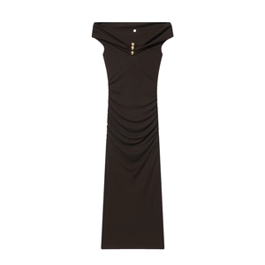 Abito Lungo Arricciato Con Spalle Scoperte Da Donna Abito Elastico Aderente Con Bottoni Dorati Per Serata