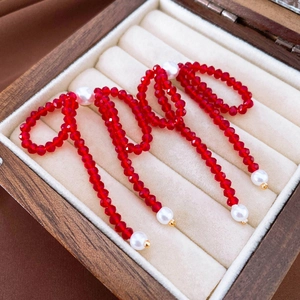 Bowknot Drop Earrings With Red Artificial Crystal And Imitation Artificial Pearl With Silver Earring Post Vintage For Women