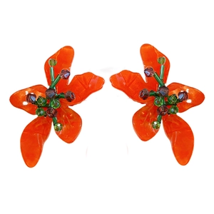 Vintage orange flower earrings with purple crystal beads and green floral accents