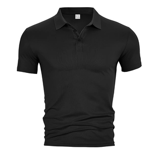 Close-up of the size M label and 100% polyester fabric texture on a black polo shirt