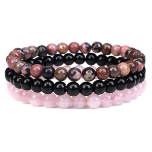 Three-piece natural stone bead bracelet set with rose quartz and agate 8mm stretch beads