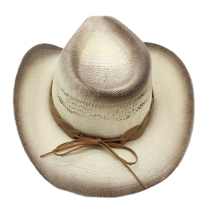 Detail of woven straw cowboy hat featuring brown gradient edges and leather bow band