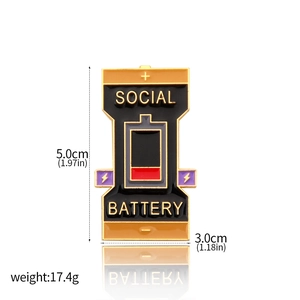 Detail view of Social Battery enamel pin showing 5.0cm height and 3.0cm width dimensions