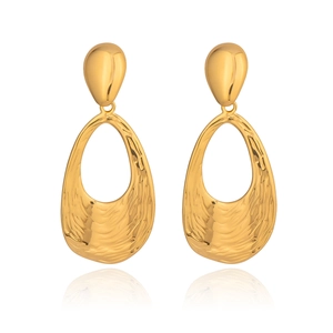 Textured gold water-ripple teardrop dangle earrings with clear reflections on white background