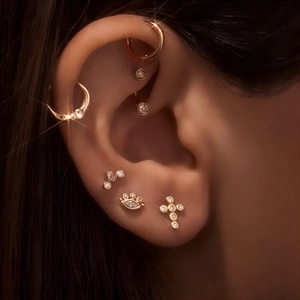 French style 18K gold stainless steel earring set with moon, cross and star designs