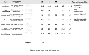 Detailed size chart for women's quilted jacket with measurements for XS to L sizes