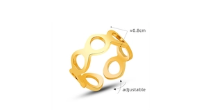 Close-up of 18K gold plated hollow number 8 design ring with adjustable band details
