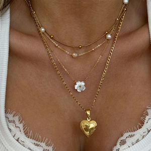 Stainless Steel Layered Necklace For Women Gold Plated Heart Locket Pendant Freshwater Pearl Shell Snake Chain Jewelry