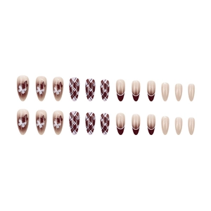 24pcs almond press-on nails with brown plaid and butterfly patterns in a matte finish