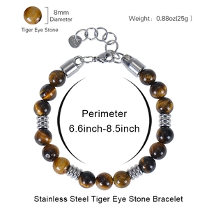 Men's 8mm tiger eye stone and stainless steel beaded bracelet with size specifications