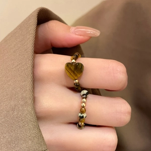 Tiger eye beaded heart ring with natural stones and gold metal accents for women