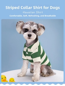 Detail of green and white striped dog polo shirt with ribbed collar and front buttons