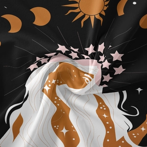Detail view of Bohemian tapestry showing soft polyester fabric and celestial goddess patterns