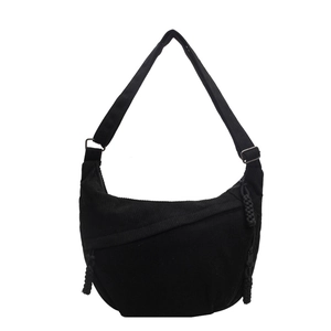 Sac à bandoulière en velours côtelé noir en forme de croissant à grande capacité