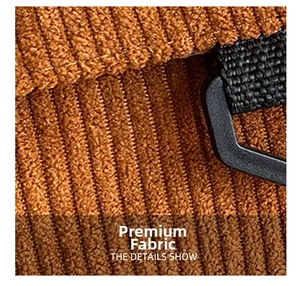 Detail of caramel corduroy fabric texture with durable nylon strap and plastic buckle