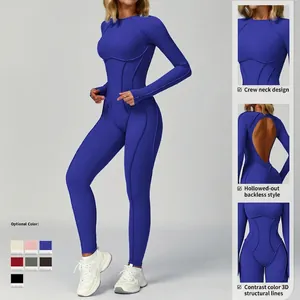 Slim fit long sleeve yoga jumpsuit with cutout back and contrast stitching for women