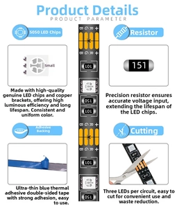 Detail showing 5050 RGB LED strip with copper bracket chips and 3-LED cuttable circuit