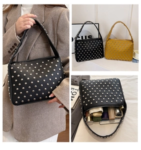 Collage of studded PU leather handbags showing styling and interior storage capacity