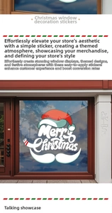 Macro detail of Merry Christmas window decals with Santa Claus beard and hat motifs