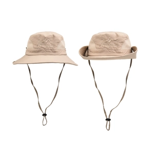 Detail of khaki outdoor sun hat with Travellers embroidery and breathable mesh side vents