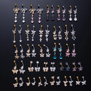 Zircon belly rings collection in butterfly flower and heart shapes with gold and silver finish