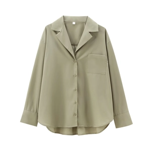 Chic satin poplin button-down shirt in sage green with long sleeves and front pocket