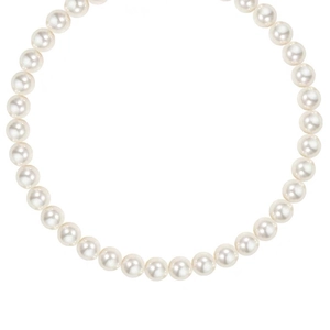 Elegant 14k gold pearl bracelet featuring high-luster round white pearls on a white background
